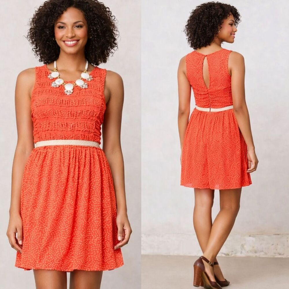 New Postmark Anthropologie Mesh Dress Large Orange White Polka Dot Tiered